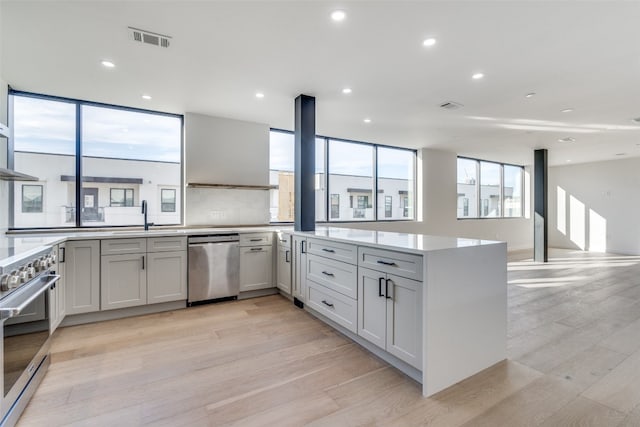 kitchen with stainless steel appliances, light hardwood / wood-style floors, and kitchen peninsula