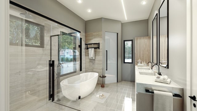 bathroom with a wealth of natural light, vanity, tile patterned flooring, and shower with separate bathtub