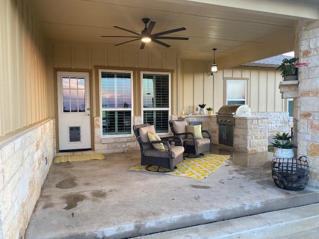 view of patio / terrace featuring ceiling fan, area for grilling, and a sink