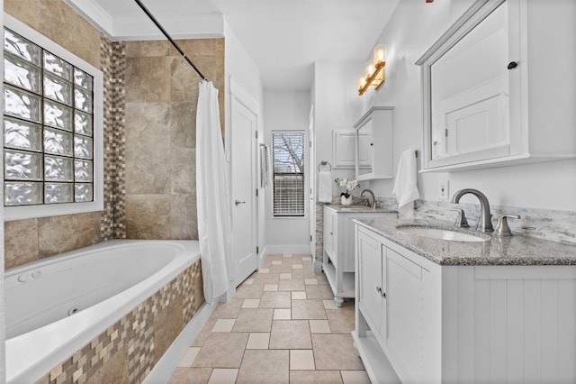 bathroom with tile patterned floors and double vanity