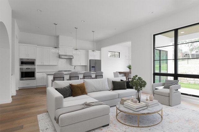 living room featuring a wealth of natural light and hardwood / wood-style flooring