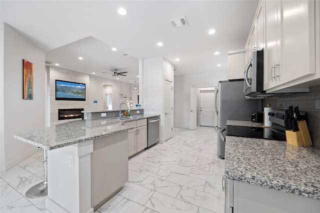 kitchen with ceiling fan, a tile fireplace, tasteful backsplash, appliances with stainless steel finishes, and light stone countertops