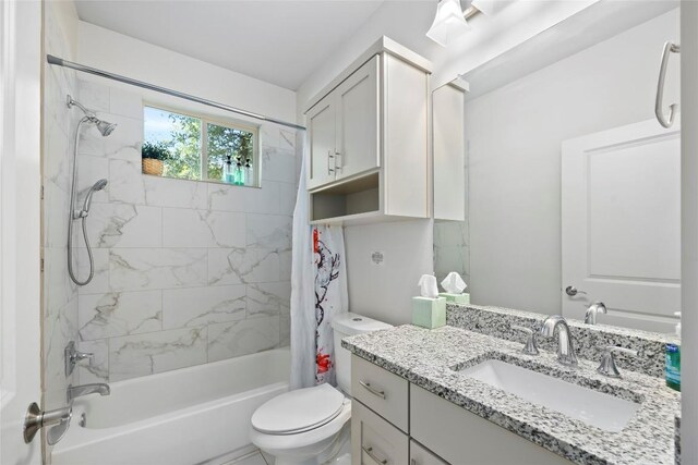 full bathroom with toilet, shower / bathtub combination with curtain, and vanity