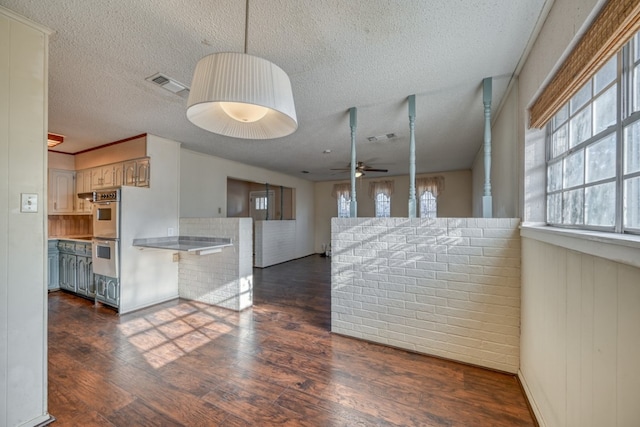 kitchen featuring kitchen peninsula, a textured ceiling, dark hardwood / wood-style floors, and ceiling fan