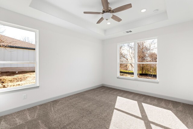 carpeted empty room with a tray ceiling, plenty of natural light, and ceiling fan