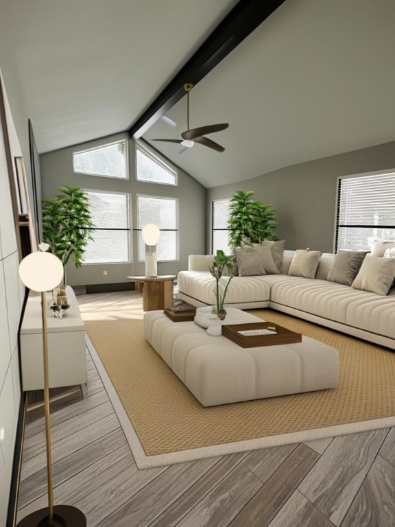 living room featuring lofted ceiling with beams and ceiling fan