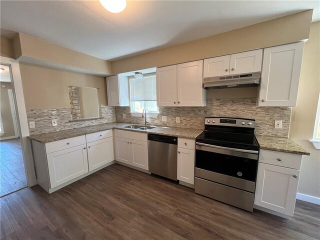 kitchen featuring sink, appliances with stainless steel finishes, dark hardwood / wood-style flooring, and tasteful backsplash