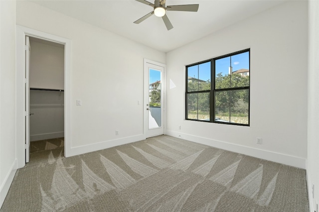 unfurnished bedroom with ceiling fan, a walk in closet, carpet flooring, and a closet