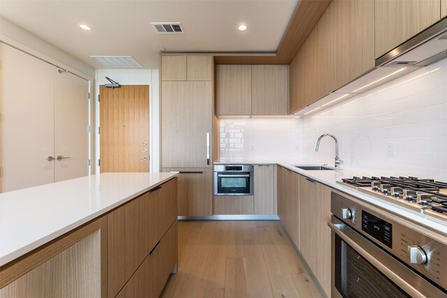 kitchen featuring range hood, appliances with stainless steel finishes, tasteful backsplash, light hardwood / wood-style floors, and sink