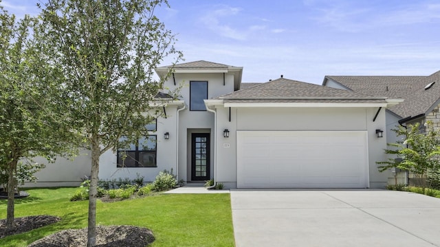 view of front of property featuring a garage and a front lawn