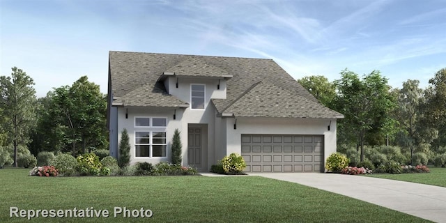 view of front of home with a garage and a front lawn