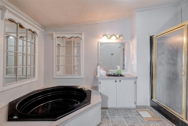 bathroom featuring ornamental molding, a textured ceiling, and vaulted ceiling