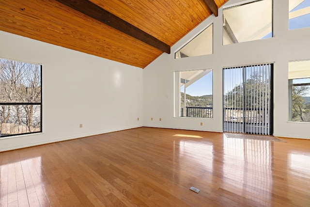 empty room featuring wooden ceiling, beam ceiling, hardwood / wood-style flooring, and high vaulted ceiling