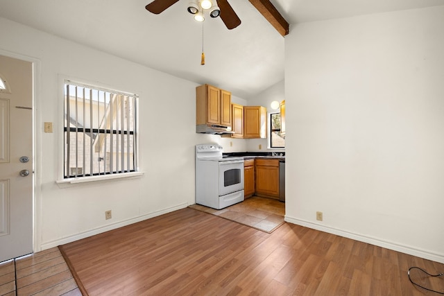 kitchen featuring ceiling fan, light hardwood / wood-style floors, vaulted ceiling with beams, sink, and white electric stove