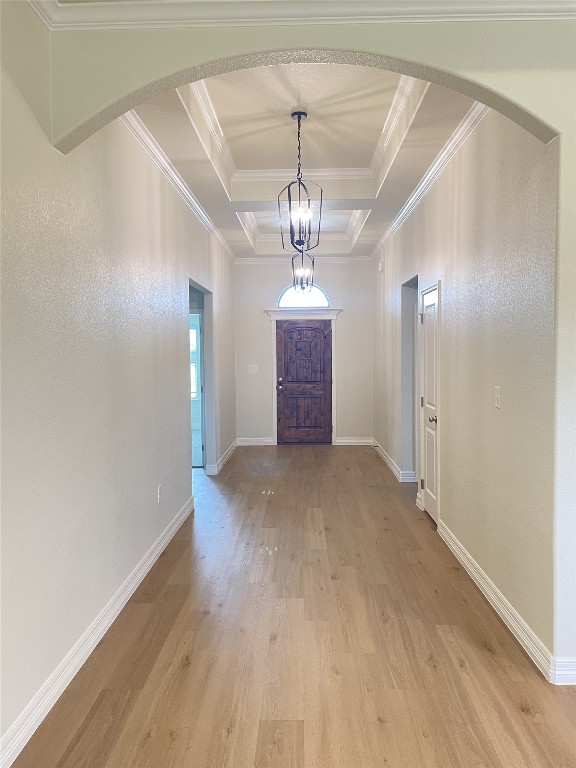 entryway featuring a raised ceiling, light hardwood / wood-style floors, and ornamental molding