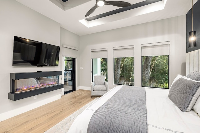 bedroom featuring light hardwood / wood-style floors, a raised ceiling, multiple windows, and ceiling fan