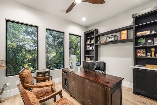 office space featuring ceiling fan and light hardwood / wood-style flooring