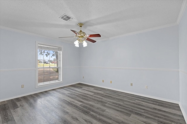 unfurnished room featuring crown molding, dark hardwood / wood-style flooring, ceiling fan, and a textured ceiling