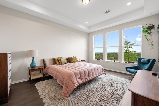 bedroom featuring dark hardwood / wood-style flooring and a tray ceiling