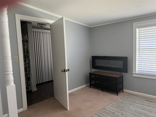 carpeted bedroom with ornamental molding and a textured ceiling