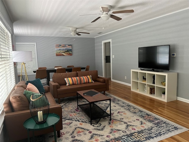 living room featuring hardwood / wood-style floors, a textured ceiling, and ceiling fan