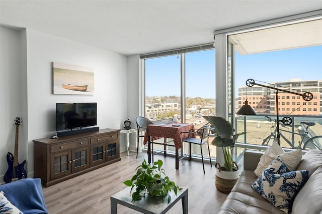 living room with expansive windows, a textured ceiling, and light hardwood / wood-style floors