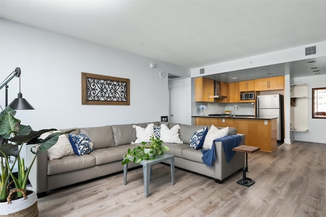 living room featuring sink and light wood-type flooring