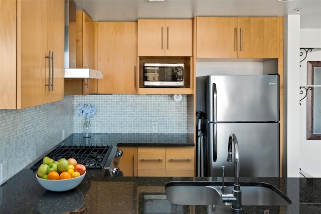 kitchen featuring exhaust hood, stainless steel appliances, dark stone counters, tasteful backsplash, and sink