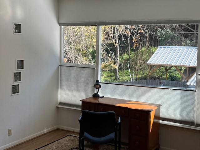 home office with hardwood / wood-style floors