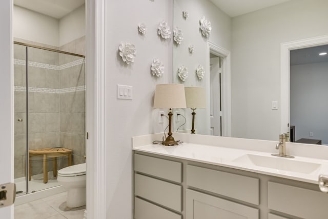 full bathroom featuring tile patterned flooring, a shower stall, toilet, and vanity