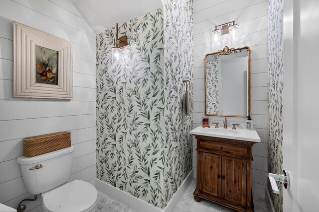 half bathroom featuring lofted ceiling, vanity, and toilet