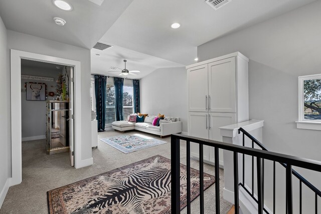 bedroom with light carpet, baseboards, visible vents, and recessed lighting