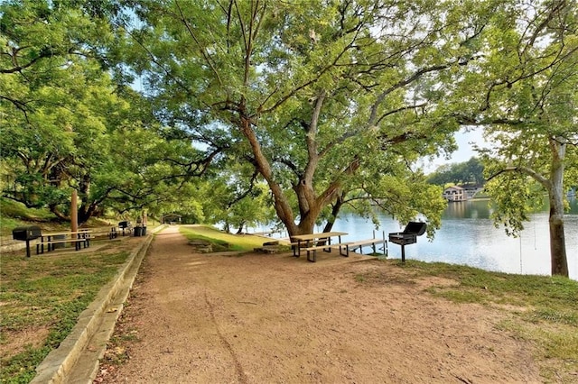 view of community featuring a water view and a boat dock