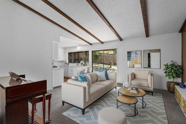 living area featuring light colored carpet and lofted ceiling with beams