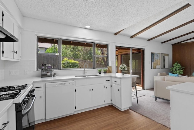 kitchen featuring a sink, range with gas cooktop, white dishwasher, wood finished floors, and light countertops