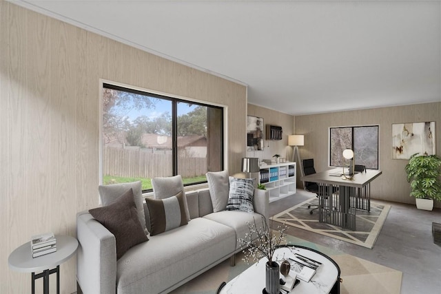 living room featuring concrete floors