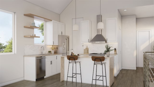 kitchen featuring white cabinets, high end white refrigerator, dishwasher, and a healthy amount of sunlight