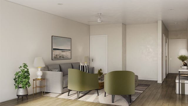 living room with ceiling fan and hardwood / wood-style flooring