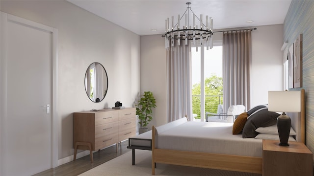 bedroom with wood-type flooring and an inviting chandelier