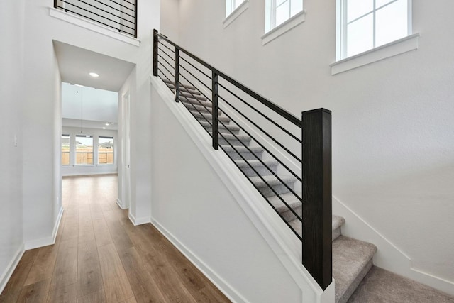 staircase featuring a towering ceiling and wood-type flooring