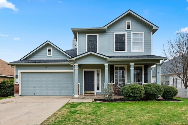 view of front of property featuring a porch, a garage, and a front lawn