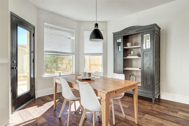 dining space featuring dark wood-type flooring