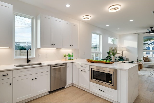 kitchen with plenty of natural light, stainless steel appliances, ceiling fan, and sink