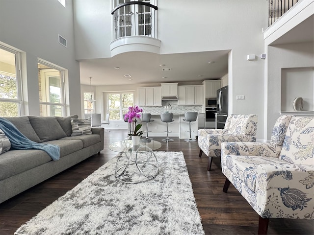 living room featuring dark hardwood / wood-style flooring and a high ceiling