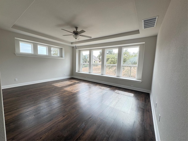 unfurnished room with dark hardwood / wood-style flooring, a raised ceiling, and plenty of natural light