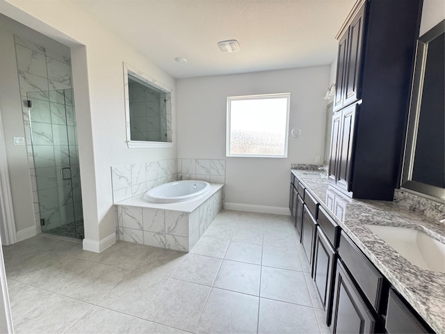 bathroom with separate shower and tub, tile patterned floors, and vanity