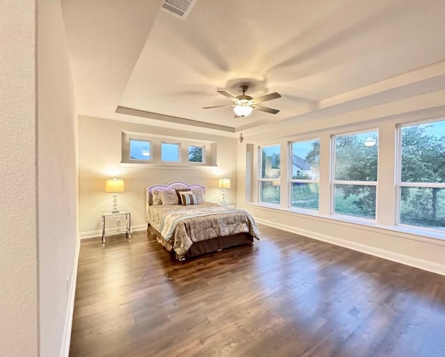 101 Gabwood Ct, Georgetown, TX 78633 - bedroom with a tray ceiling, baseboards, dark wood-type flooring, and a ceiling fan