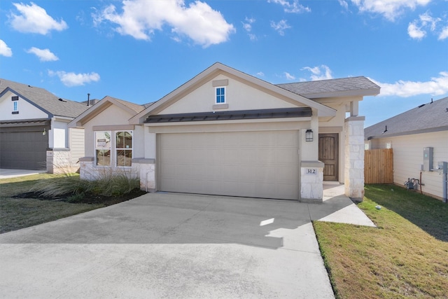 ranch-style house with a garage, driveway, stucco siding, fence, and a front yard