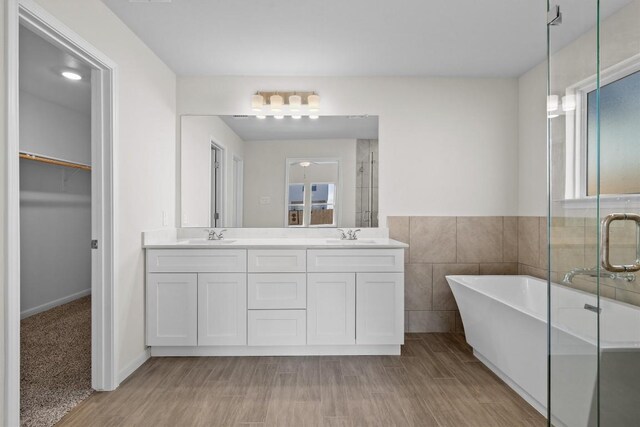 full bathroom featuring double vanity, a walk in closet, a freestanding bath, a shower stall, and a sink