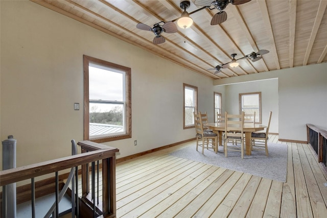 dining space featuring wooden ceiling, ceiling fan, and light hardwood / wood-style flooring